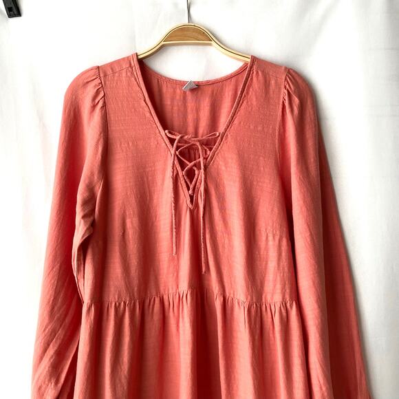 2/$30 OLD NAVY Boho Embroidered Tiered Peasant Dress M Coral Eyelet Long Sleeve - Picture 4 of 10